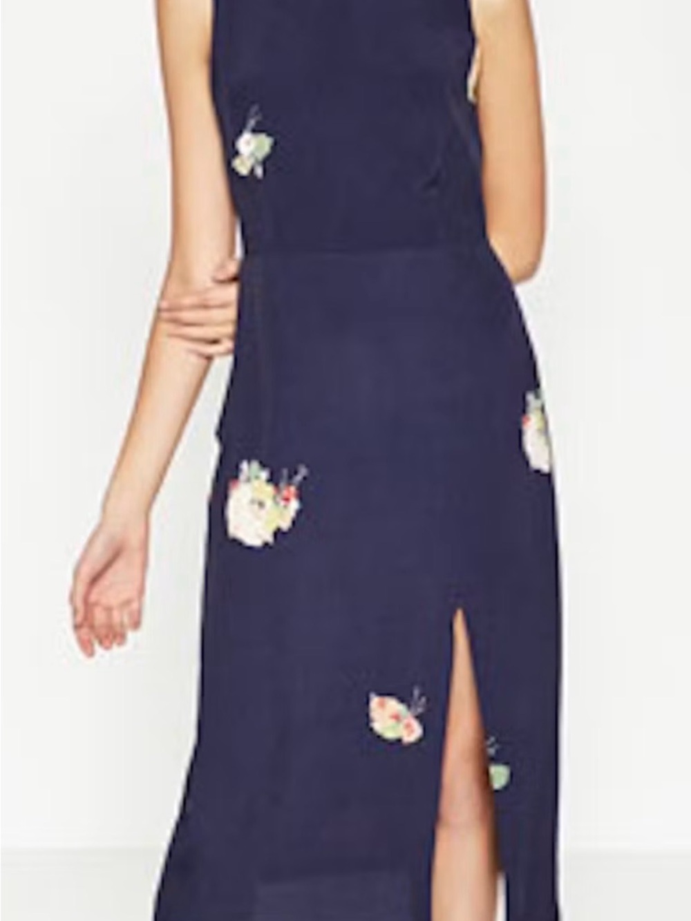 Zara Sleeveless Navy Midi Dress with Floral Embroidery and Front Slit open back